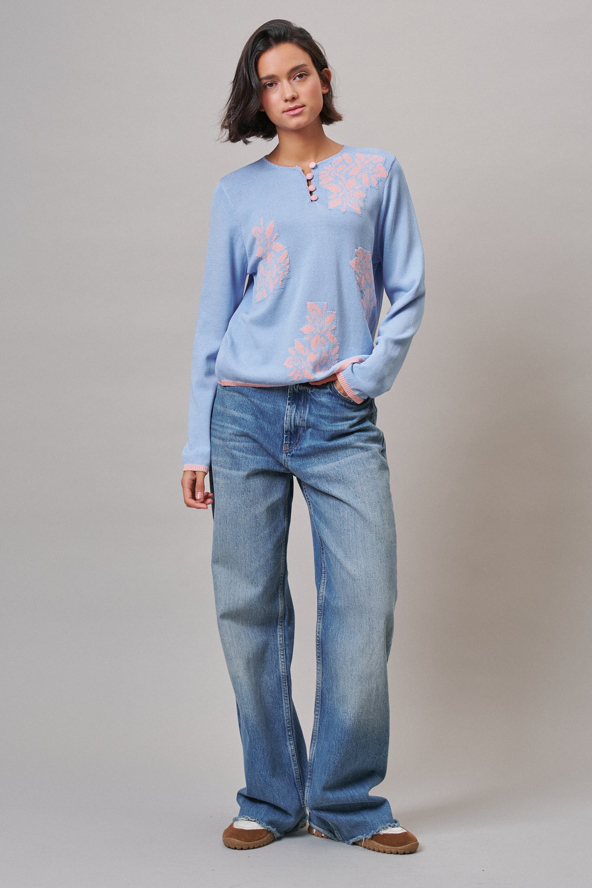 Floral Henley Knit Sweater With Buttons