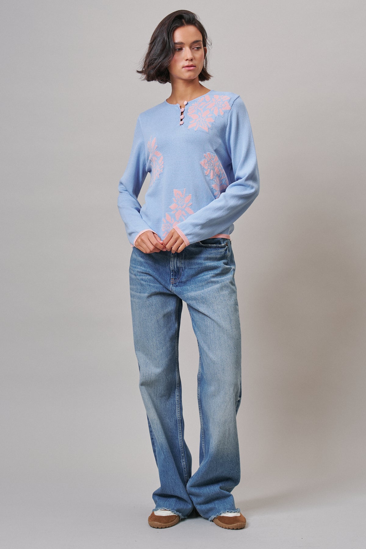 Floral Henley Knit Sweater With Buttons