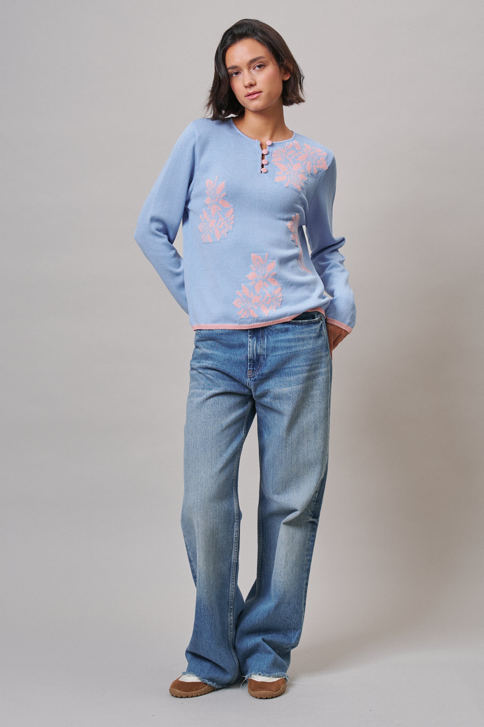 Floral Henley Knit Sweater With Buttons