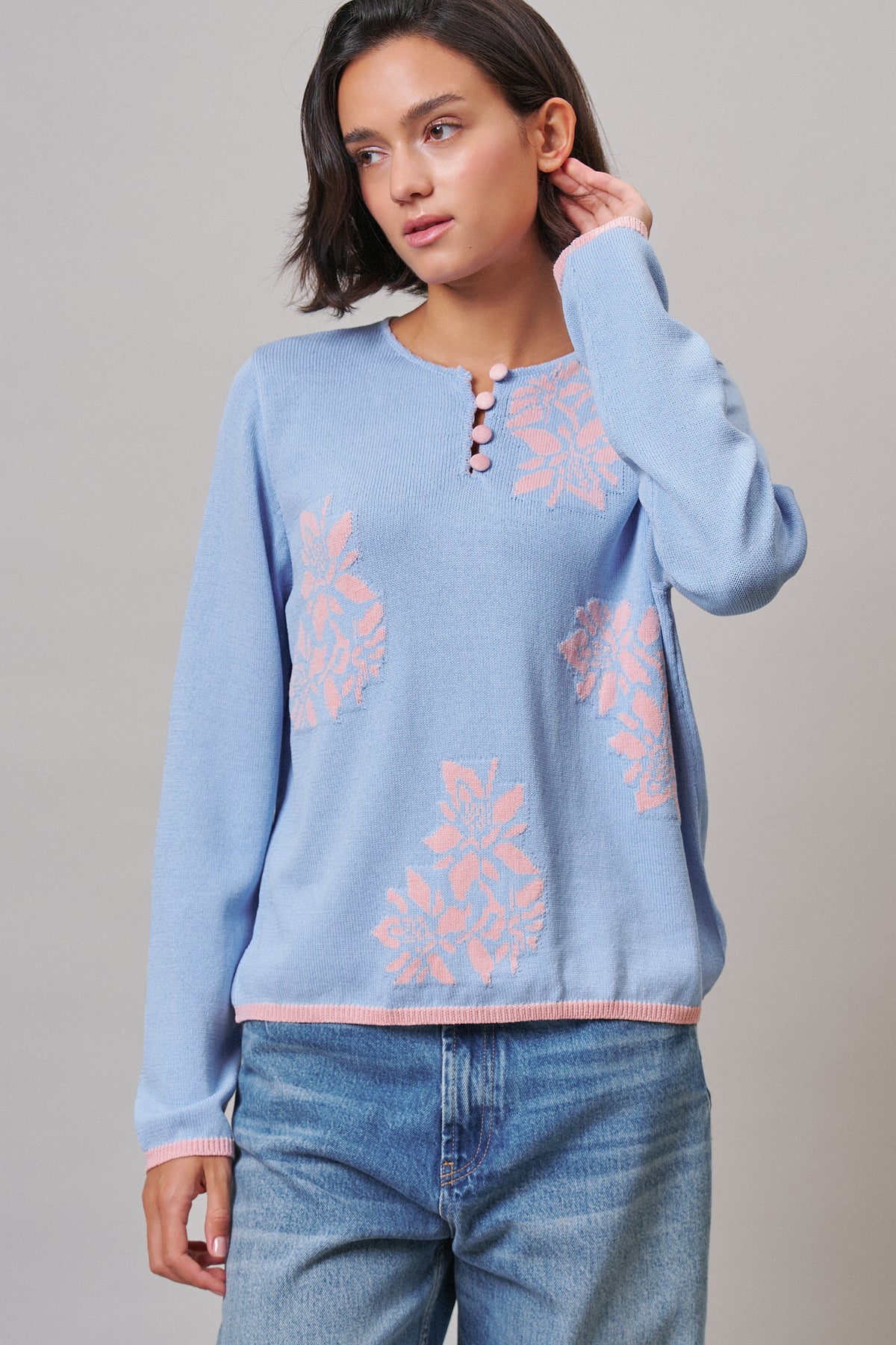Floral Henley Knit Sweater With Buttons