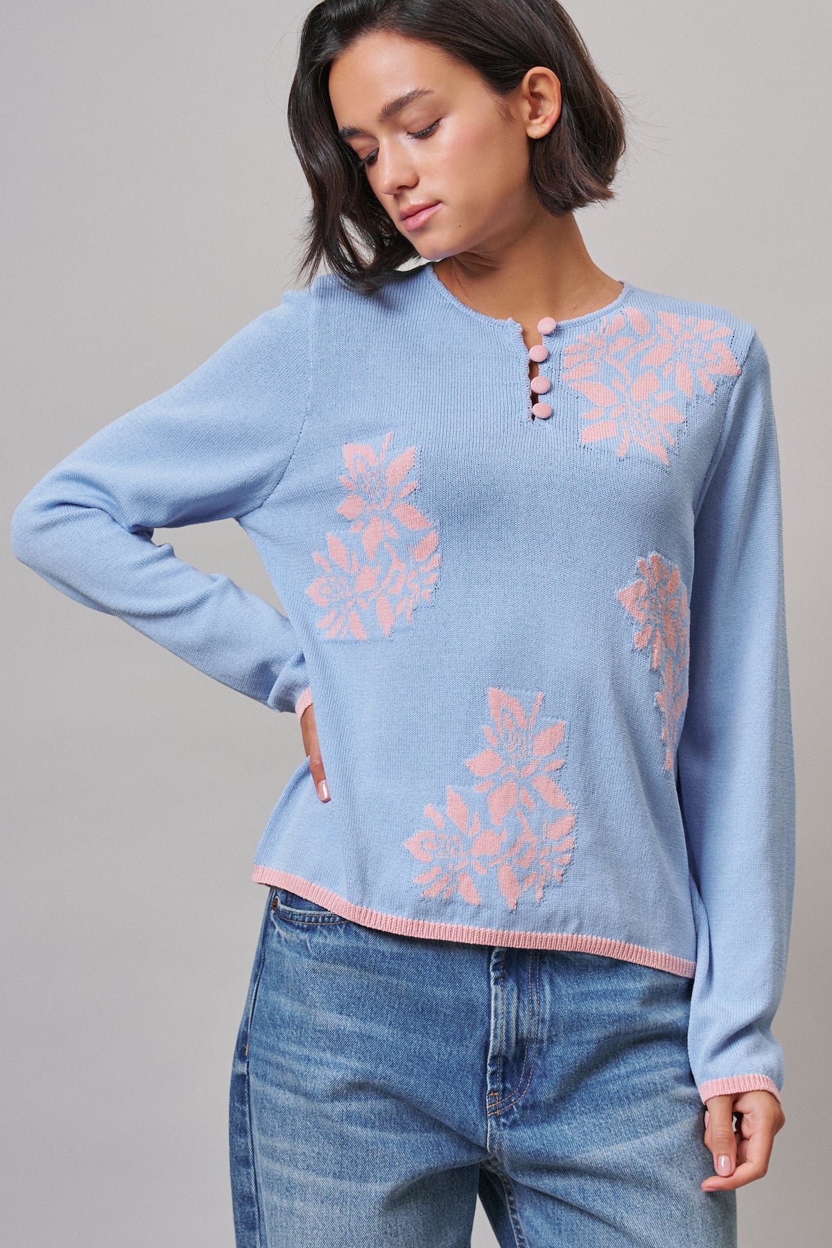 Floral Henley Knit Sweater With Buttons
