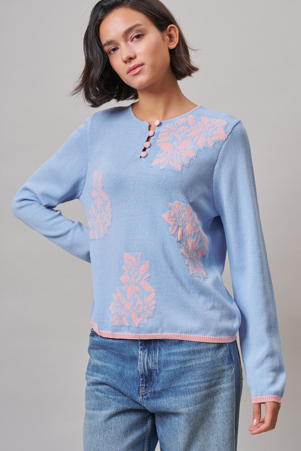 Floral Henley Knit Sweater With Buttons