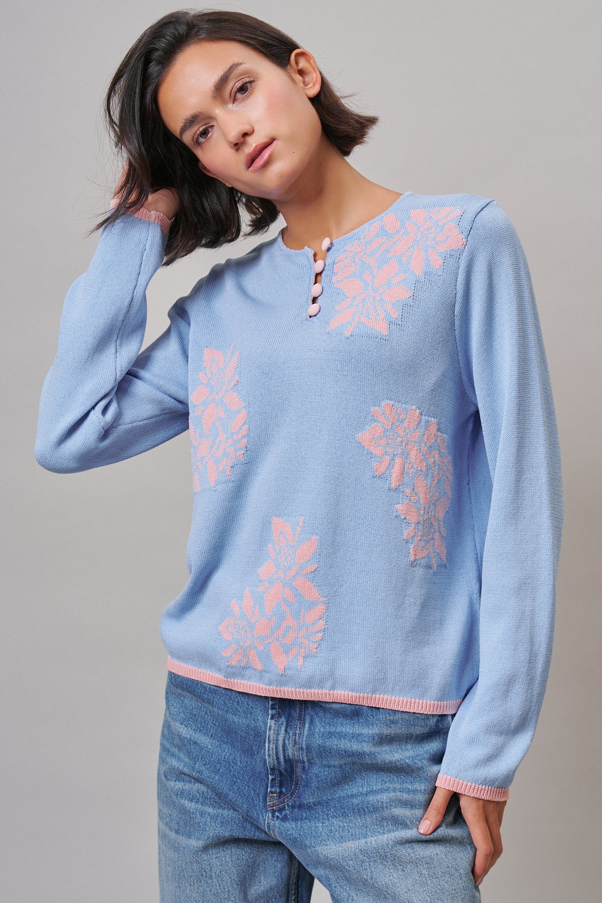 Floral Henley Knit Sweater With Buttons
