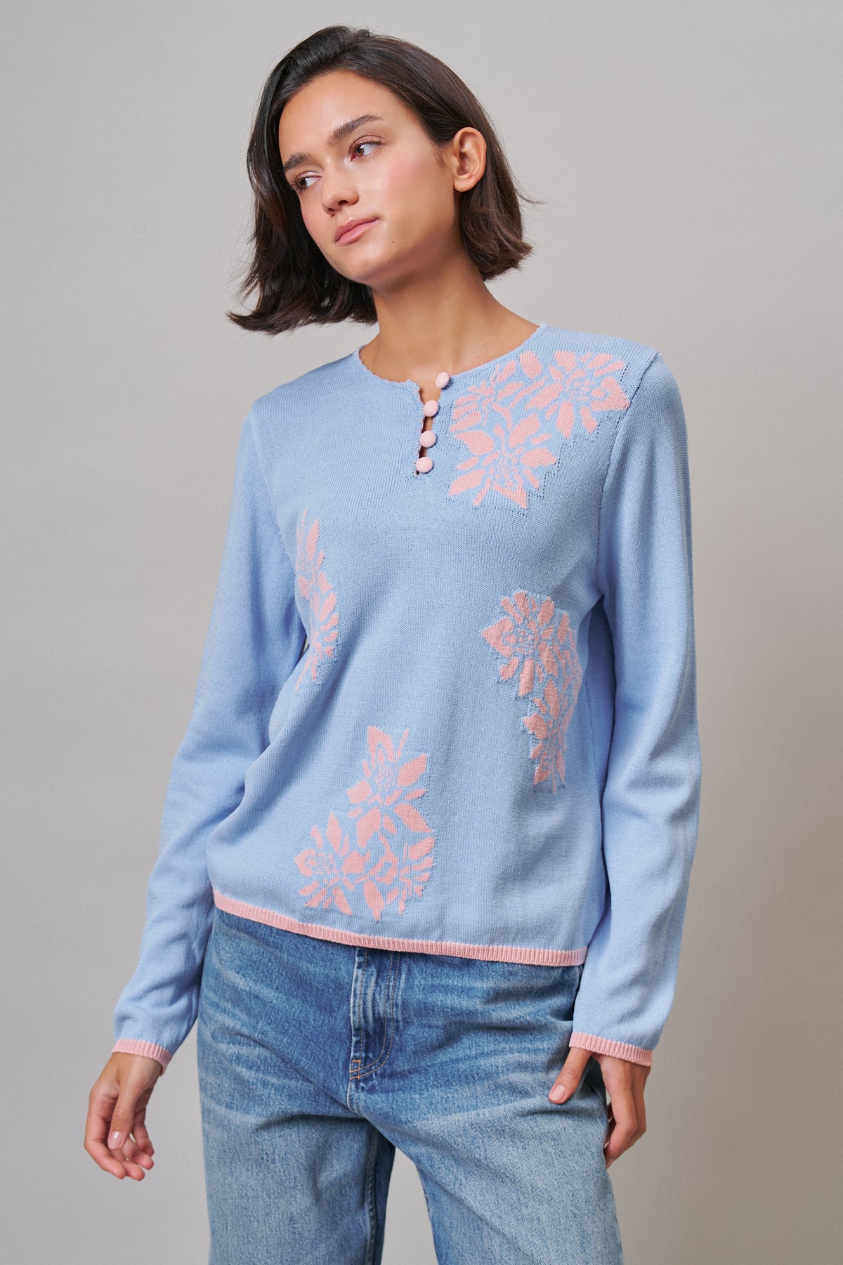 Floral Henley Knit Sweater With Buttons