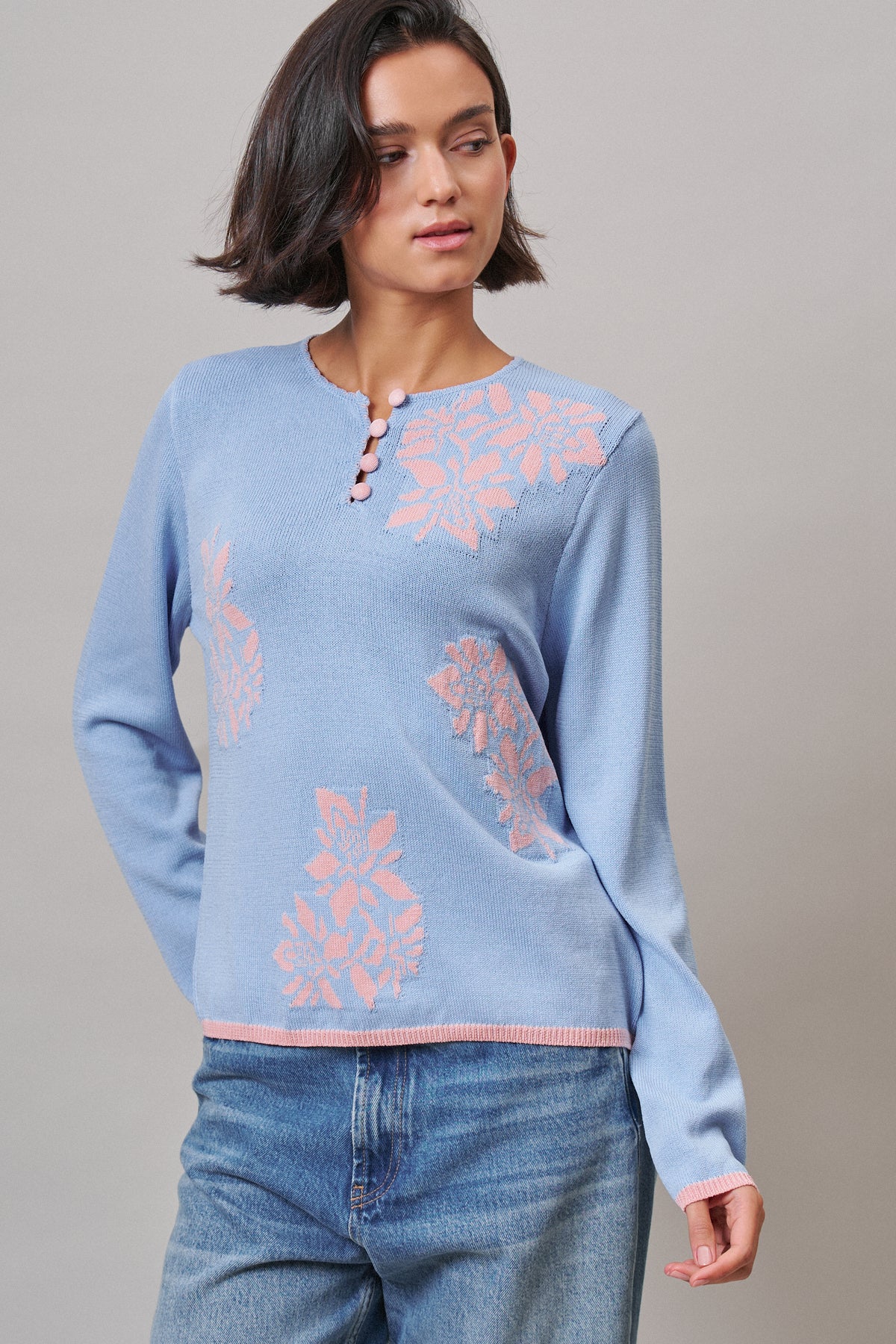 Floral Henley Knit Sweater With Buttons