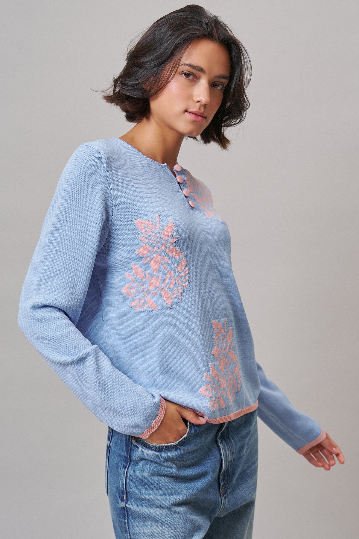 Floral Henley Knit Sweater With Buttons