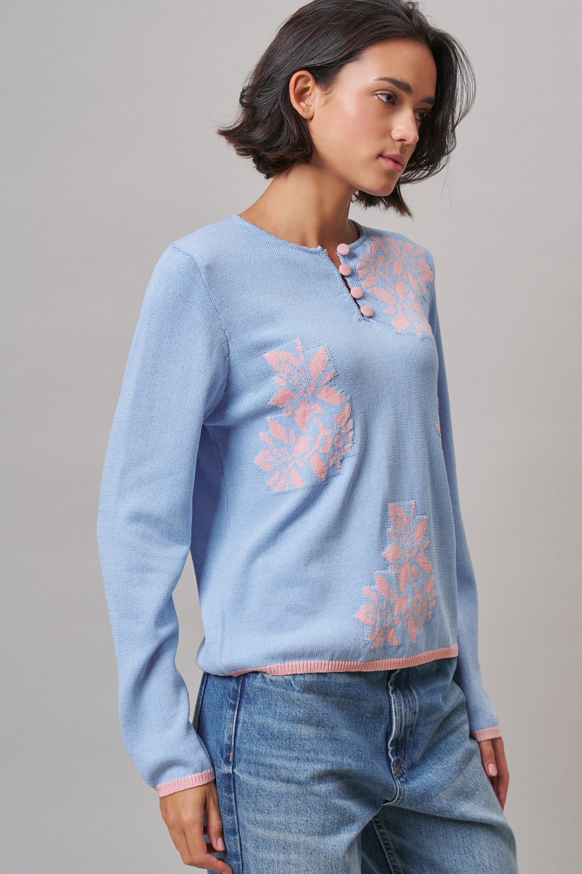 Floral Henley Knit Sweater With Buttons