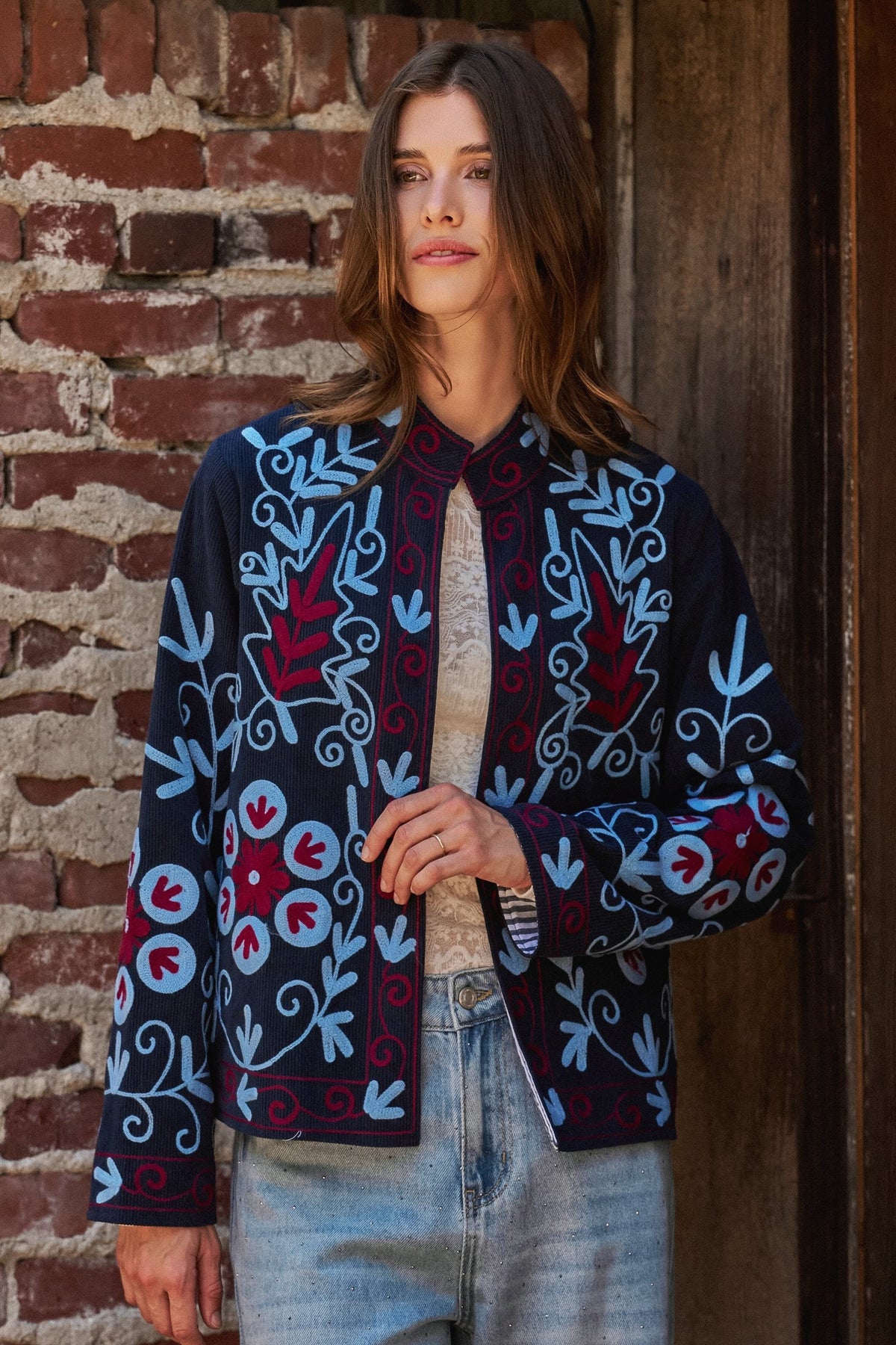 Embroidered Corduroy Jacket with Folk Floral Scroll in NAVY - Women's Jackets & Blazers | Urban Daizy