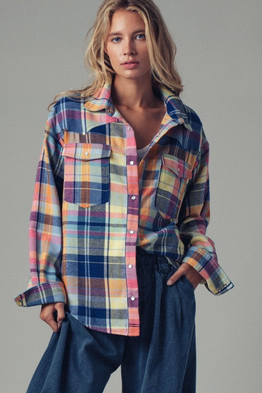 Oversized Plaid Button-Up Flannel Shirt w Pockets in BLUE MULTI - Women's Shirts & Blouses | Urban Daizy