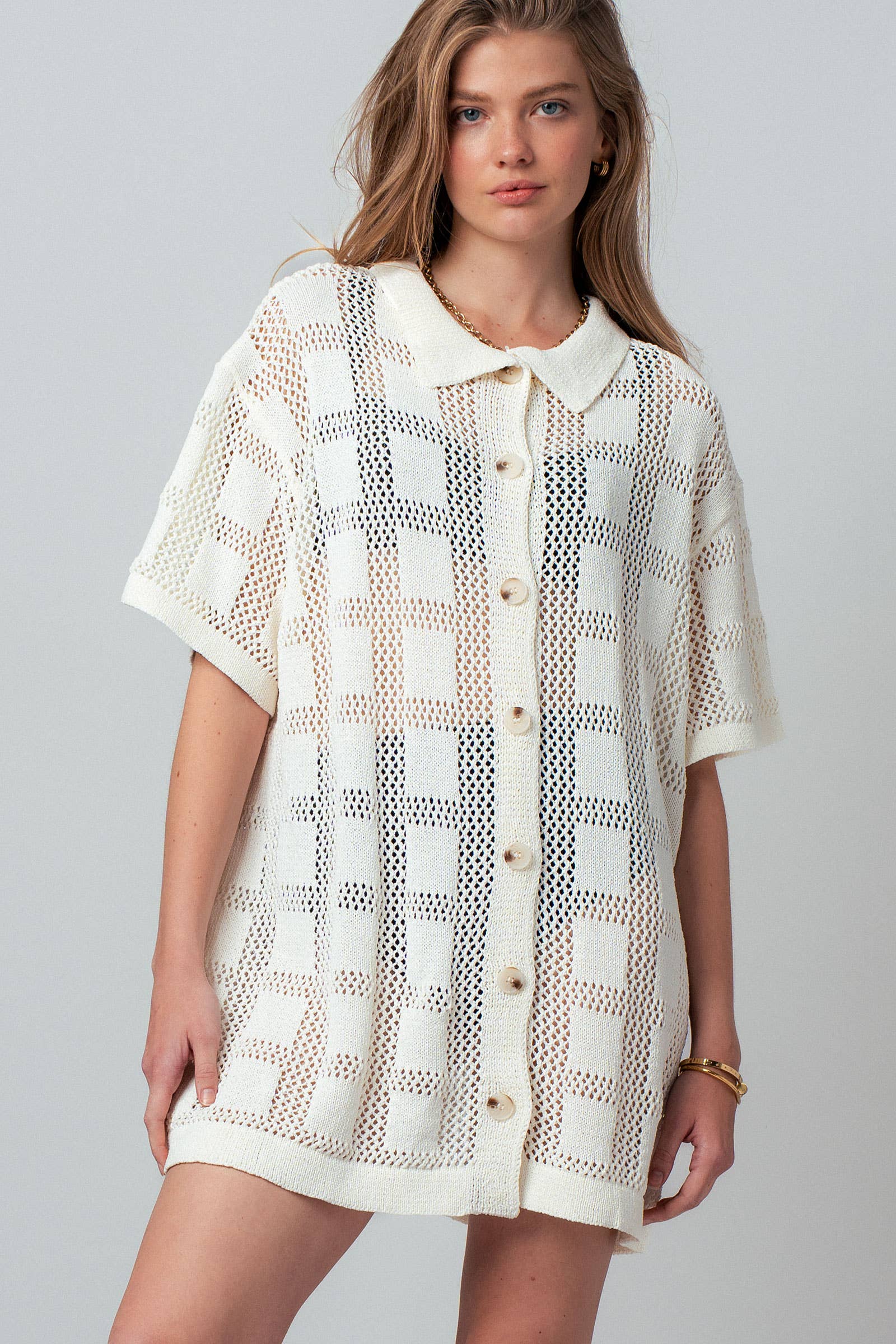 Open-Knit Collared Button-Front Tunic