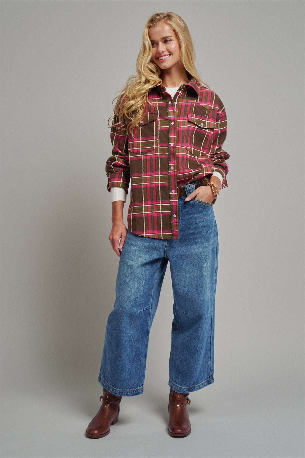 Oversized Plaid Button-Up Flannel Shirt w Pockets in BROWN MULTI - Women's Shirts & Blouses | Urban Daizy