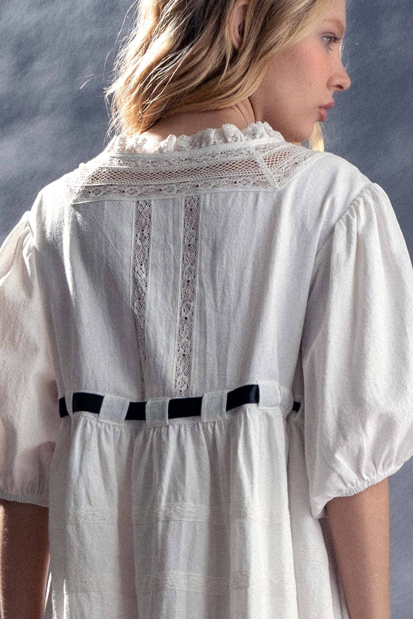 Urban Daizy Square Neck Lace Trim Bow Detail Empire Waist Dress Ivory Dress - Women's (UDZ-DR-00332) – alternate view 6