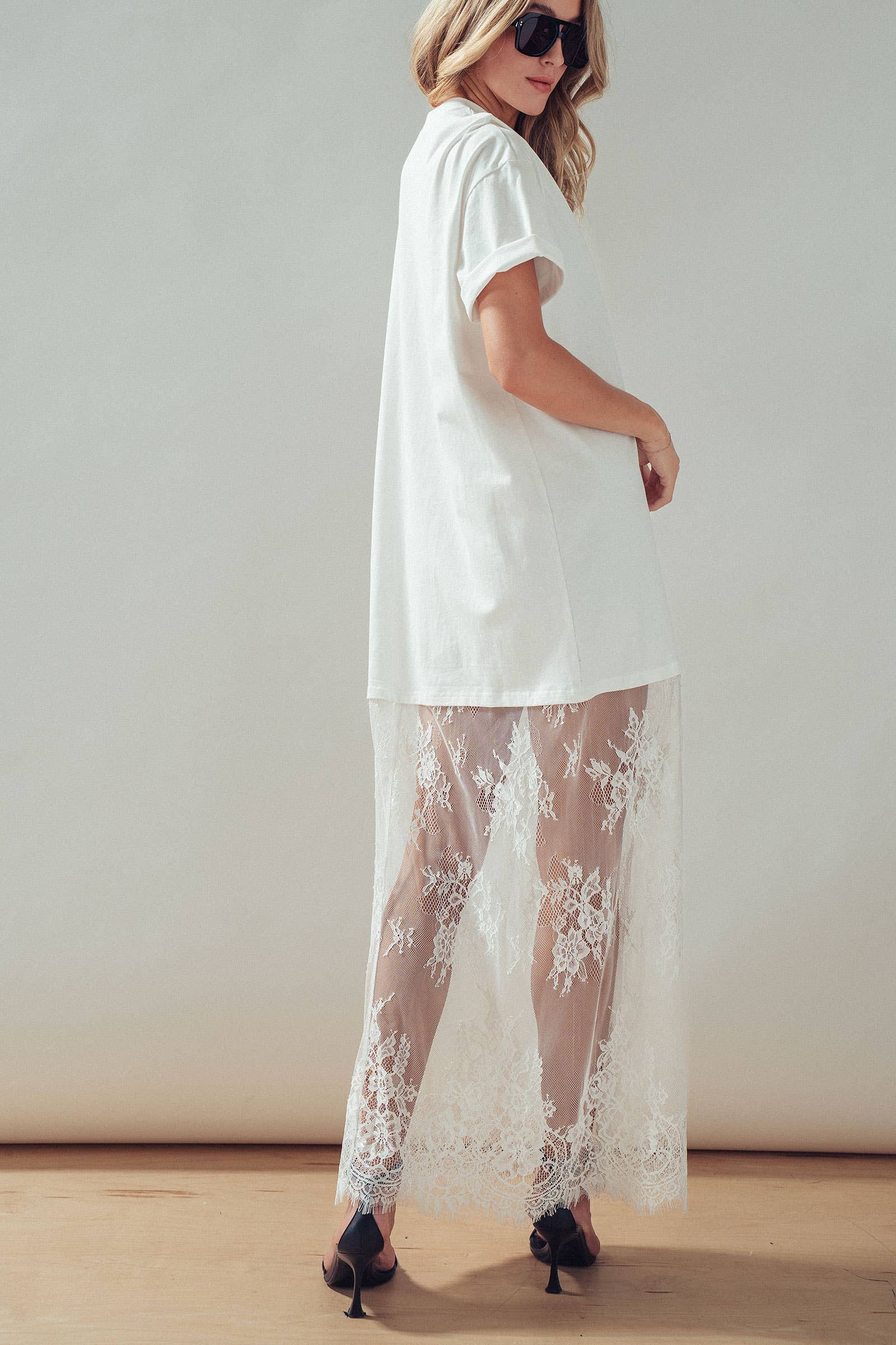 Mixed-Media T-Shirt Dress with Sheer Lace Skirt