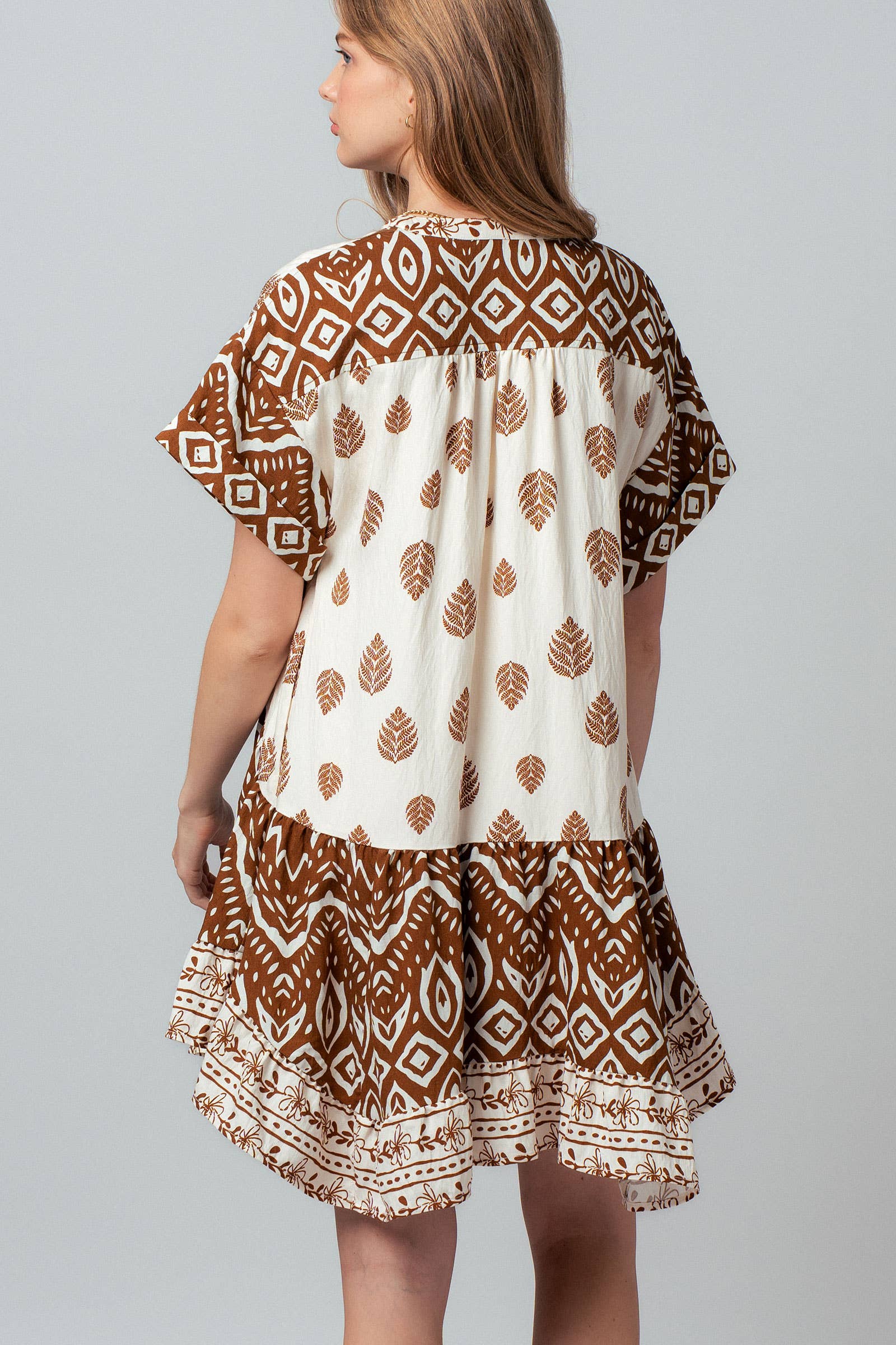 Urban Daizy Mixed-Print V-Neck Tiered Boho Mini Dress Ivory-Brown Dress - Women's (UDZ-DR-00476) – alternate view 10