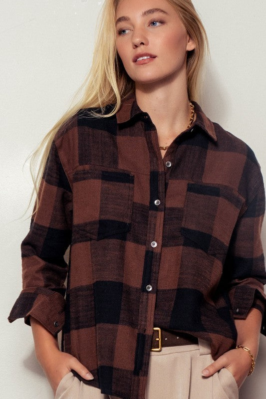Buffalo Plaid Flannel Shirt Button Up Western Boho Top in BLACK - Women's Shirts & Blouses | Urban Daizy