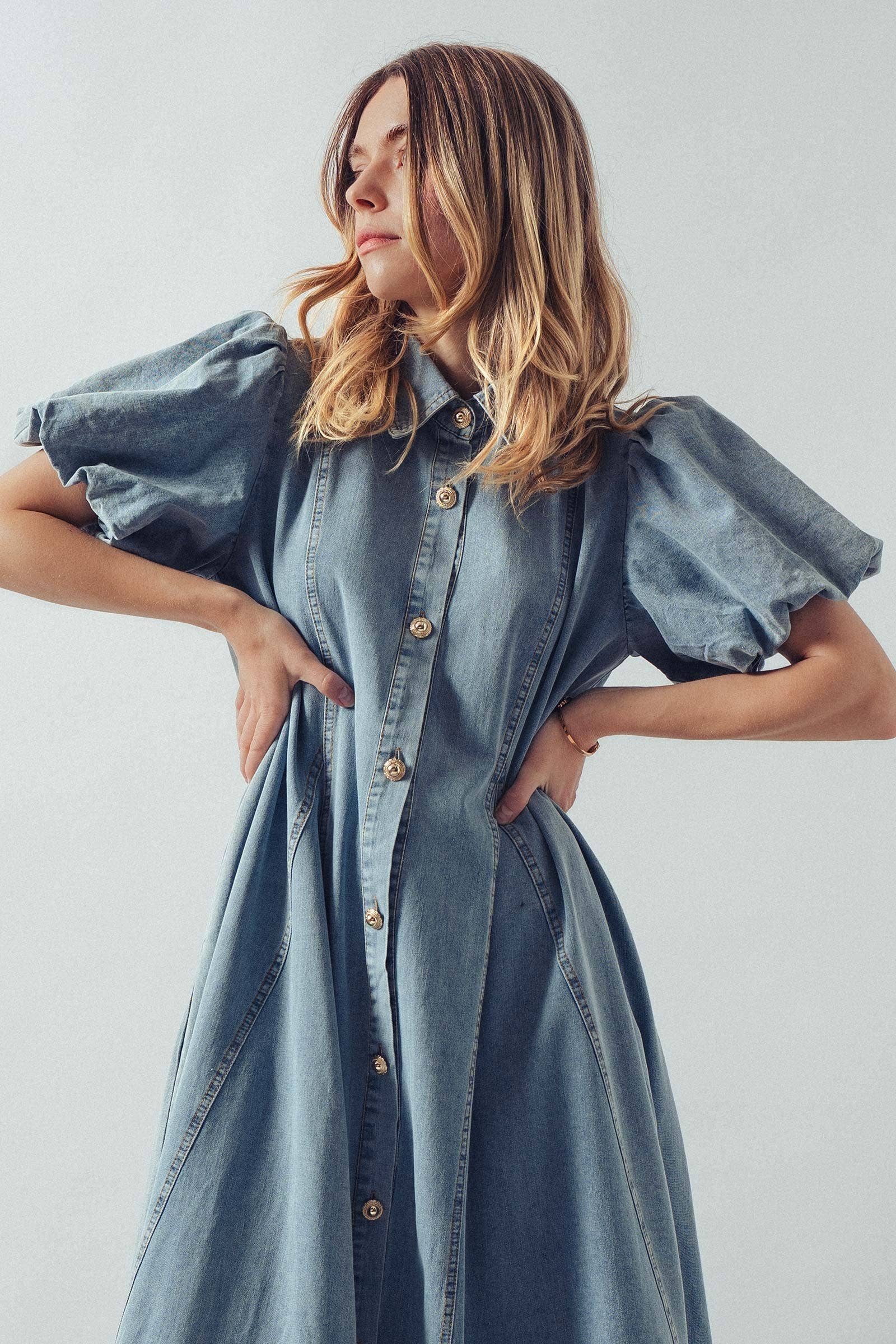 Urban Daizy Puff Sleeve A-Line Denim Maxi Dress Lt-Denim Dress - Women's (UDZ-DR-00392) – alternate view 7