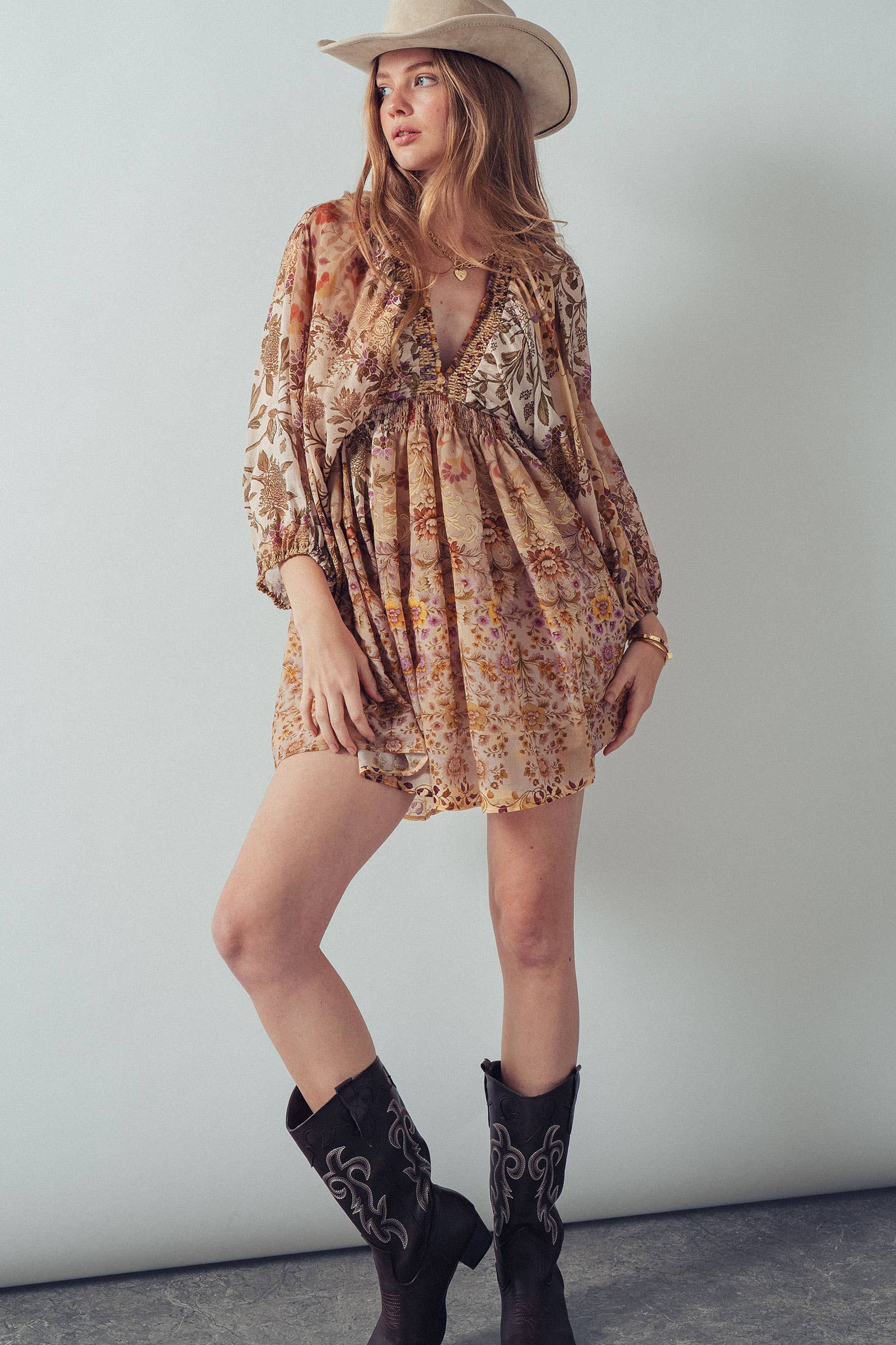 Urban Daizy Mixed-Print Boho Smocked Waist Mini Dress Taupe-Multi Dress - Women's (UDZ-DR-00478) – alternate view 17