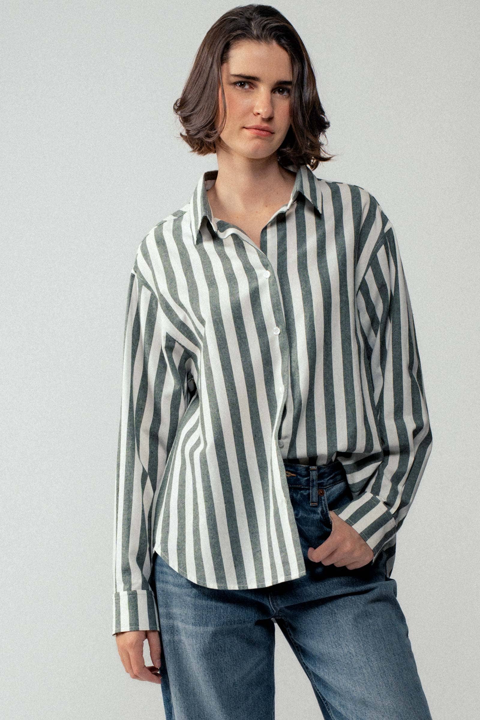 Urban Daizy Oversized Stripe Button Down Collared Shirt Blue Button Down Shirt - Women's (UDZ-TP-00759) – alternate view 11