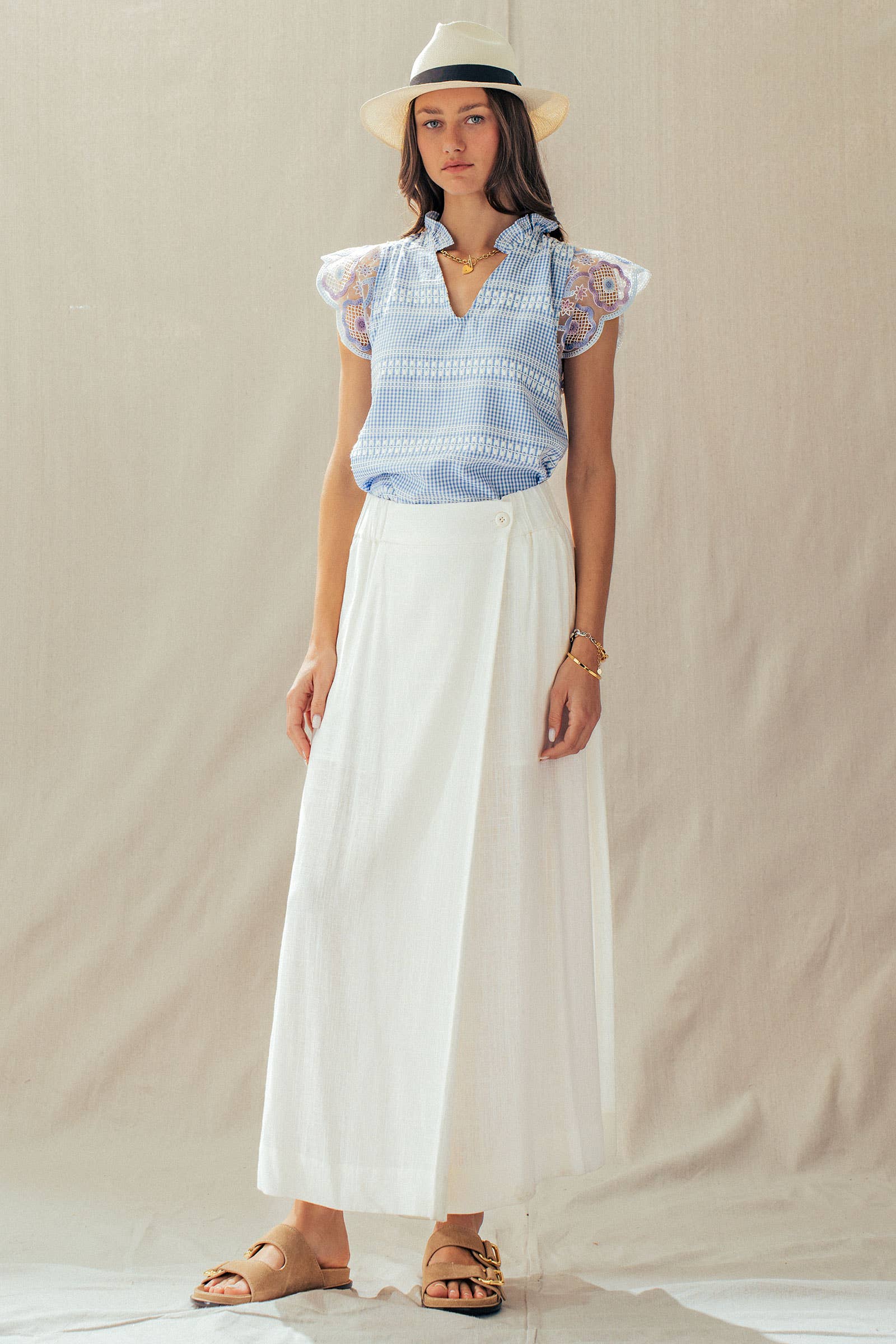 Gingham Lace Flutter Sleeve Cotton Top
