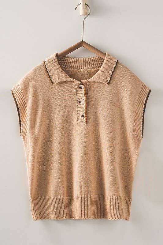 Urban Daizy Contrast Stitch Cropped Polo Knit Top Ivory Polo - Women's (TNTP3807-Ivory) – alternate view 7