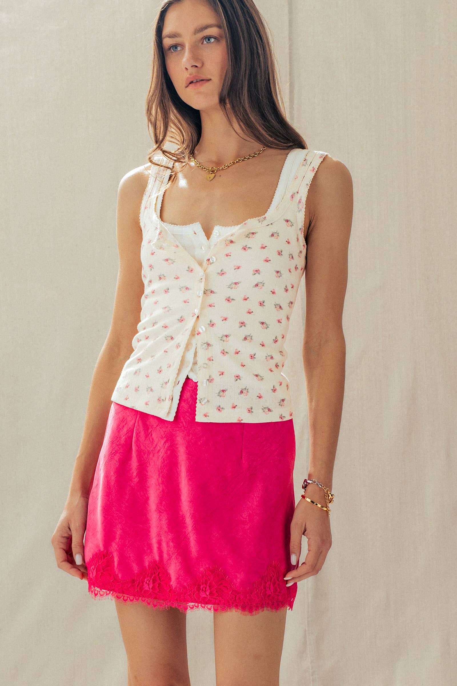 Romantic Scalloped Lace Trim Satin Mini Lingerie Skirt