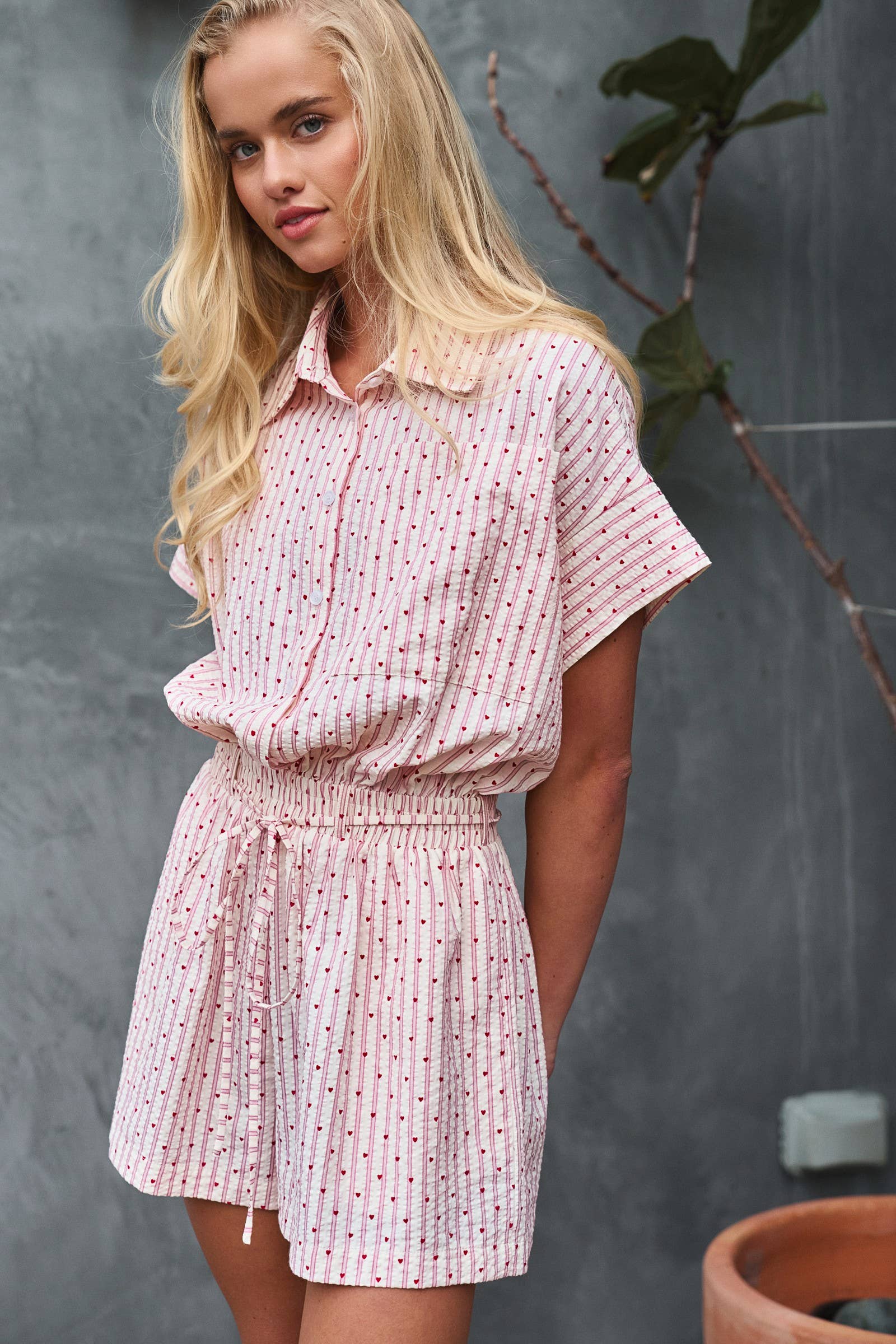 Urban Daizy Heart Stripe Collared Drawstring Romper Ivory-Pink Romper - Women's (UDZ-JR-00070) – alternate view 5