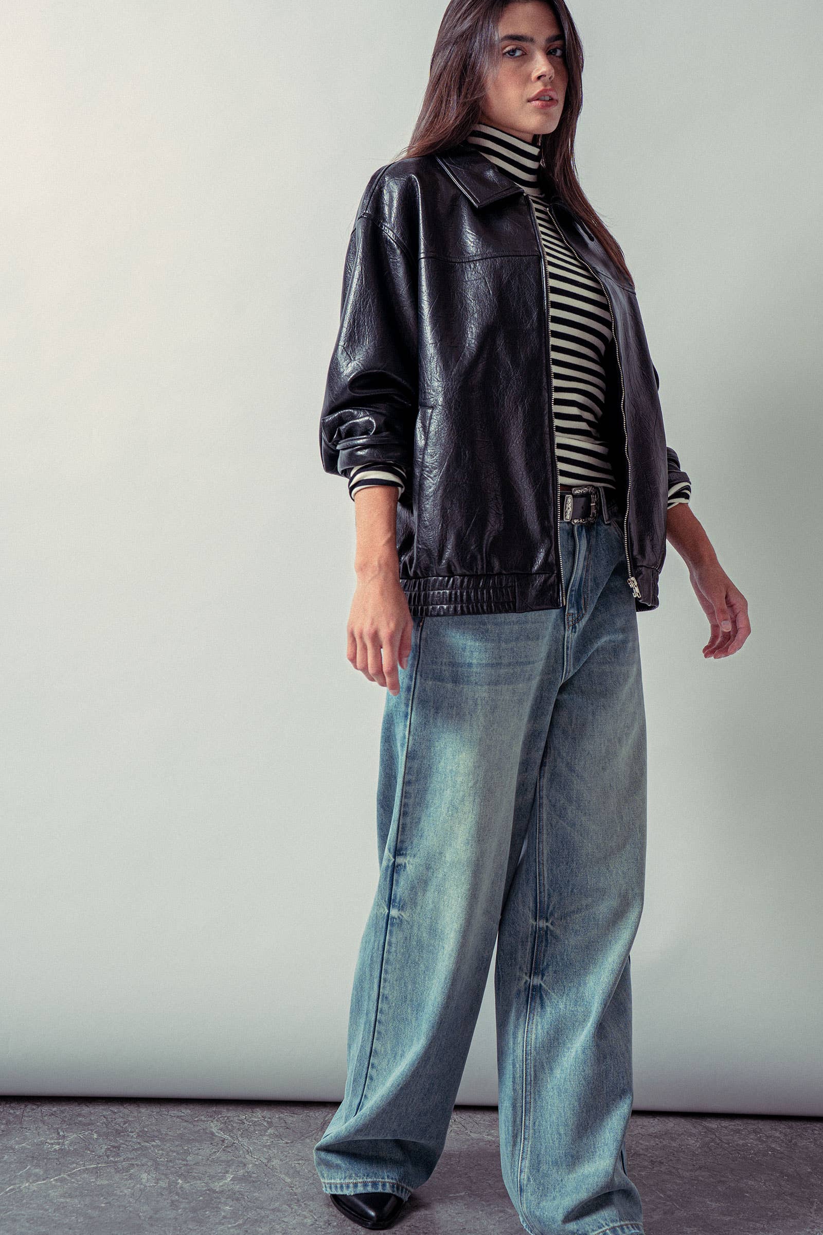 Relaxed Faux Leather Zip-Up Statement Jacket