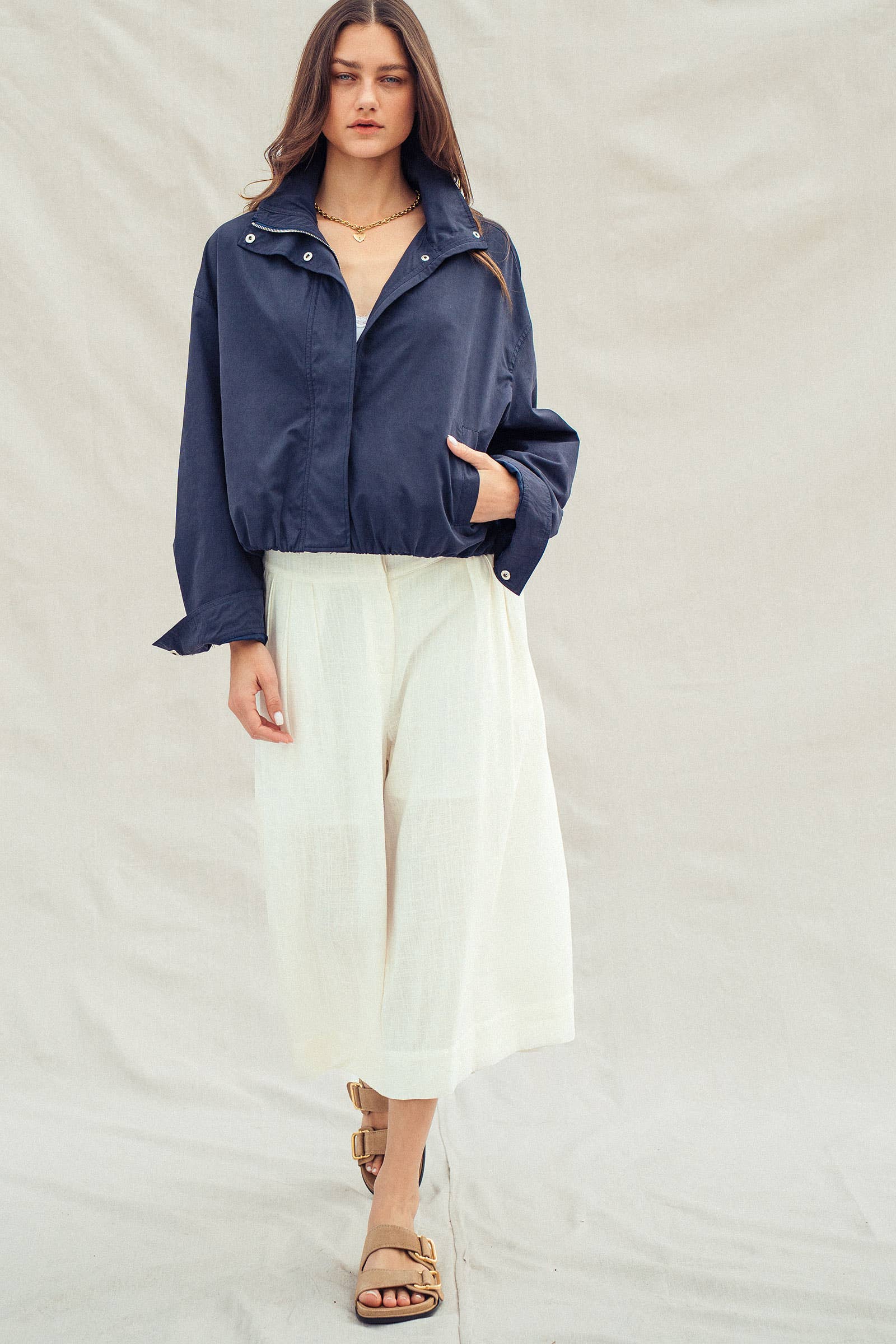 Modern Relaxed Stand Collar Camel Zip Jacket