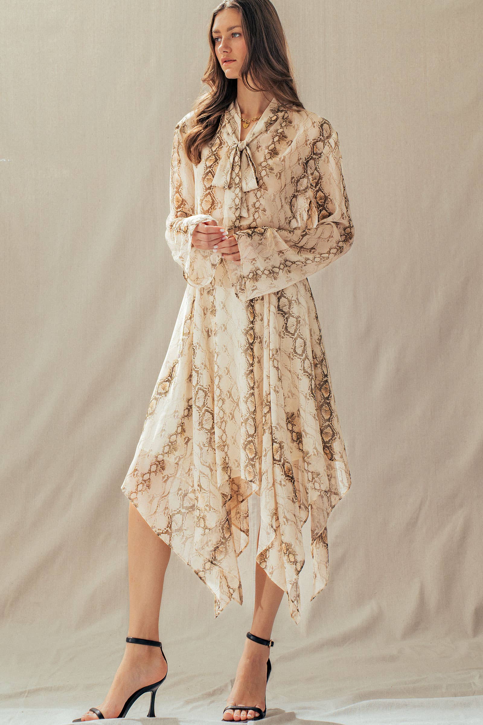 Urban Daizy Snake Print Tie Neck Blouse Long Sleeve Cream-Multi Blouse - Women's (UDZ-TP-01051) – alternate view 6