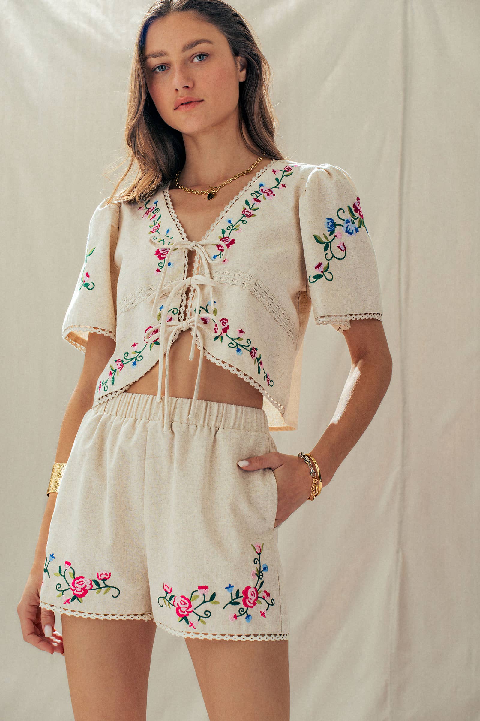 Boho Embroidered Lace Trim High-Rise Summer Shorts