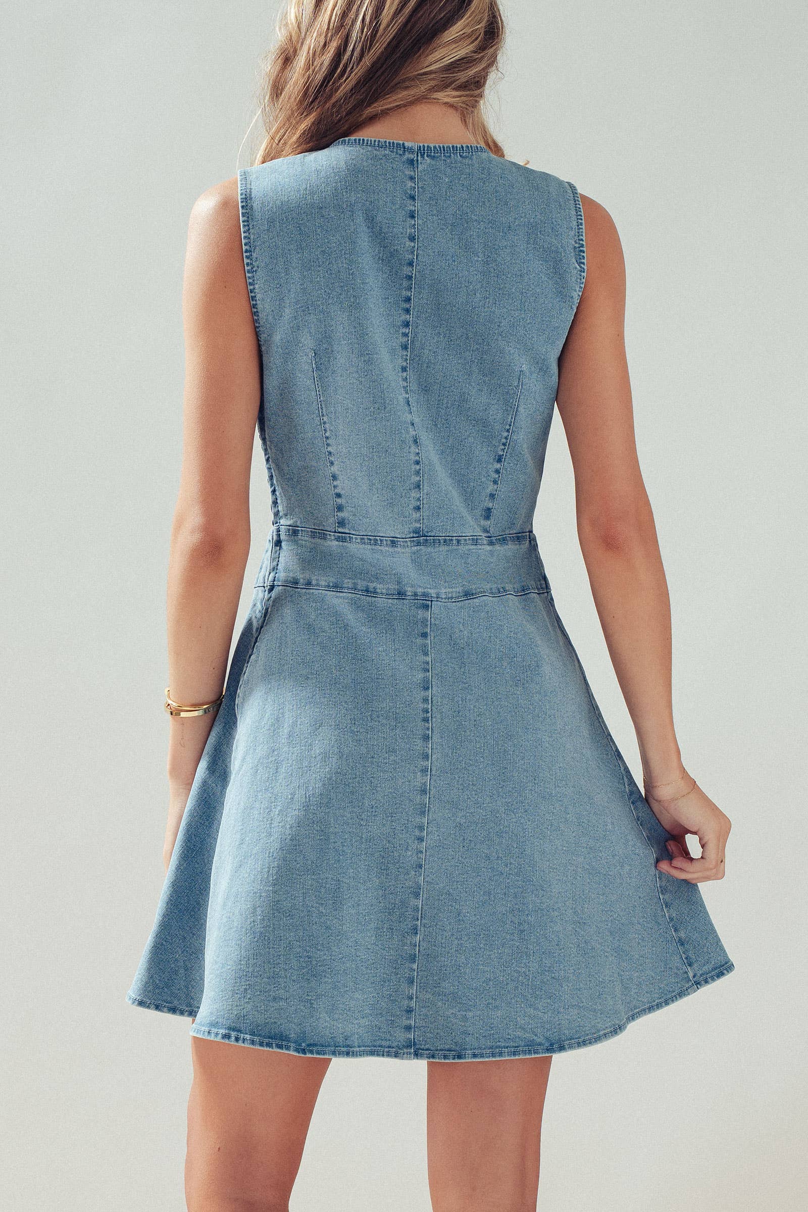 Urban Daizy Button Front Sleeveless Stretch Denim Mini Dress Lt-Pink Dress - Women's (UDZ-DR-00500) – alternate view 5