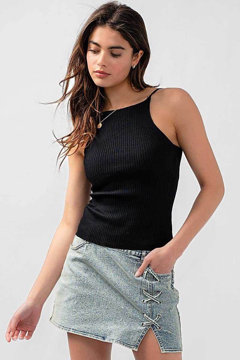 Urban Daizy Ribbed Knit Halter Spaghetti Strap Tank Top Black Tank Top - Women's (UDZ-TP-00490) – alternate view 3