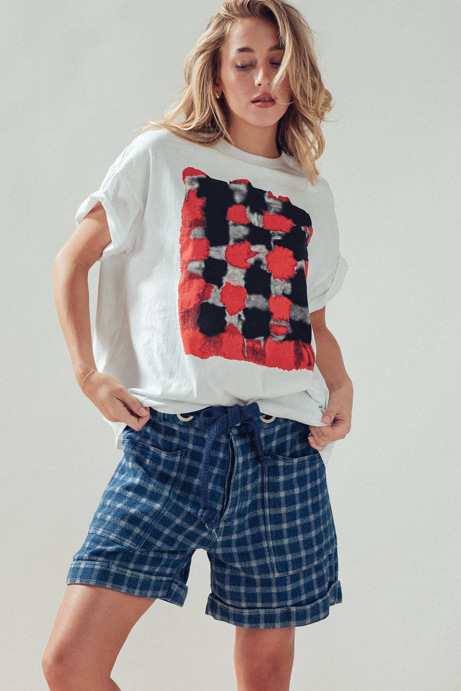 Urban Daizy Plaid Cotton Blend Shorts Rope Drawstring Blue Shorts - Women's (UDZ-PT-00480) – alternate view 6