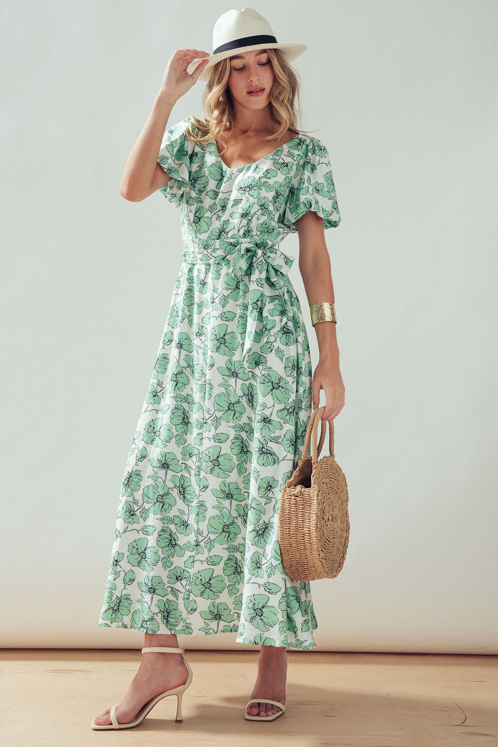 Green Floral Puff Sleeve Midi Dress