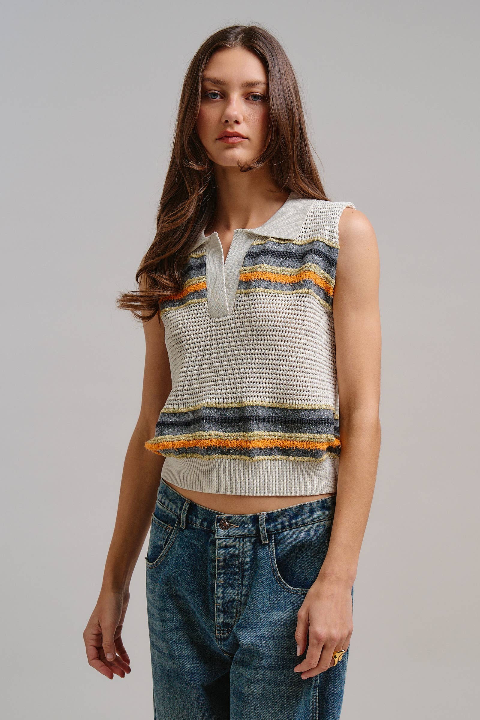Retro Striped Metallic Knit Sleeveless Polo