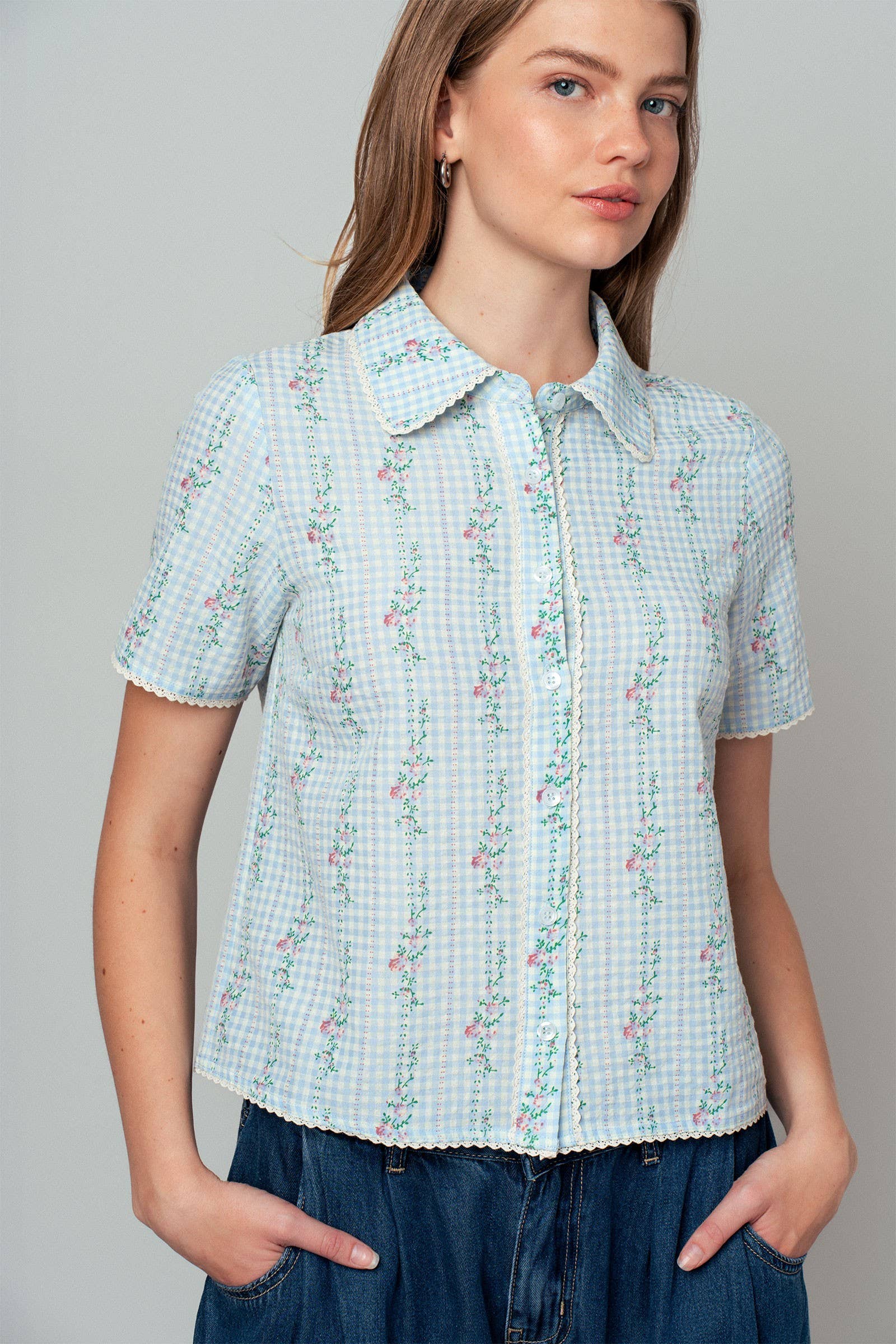 Gingham Floral Lace Trim Peter Pan Collar Shirt