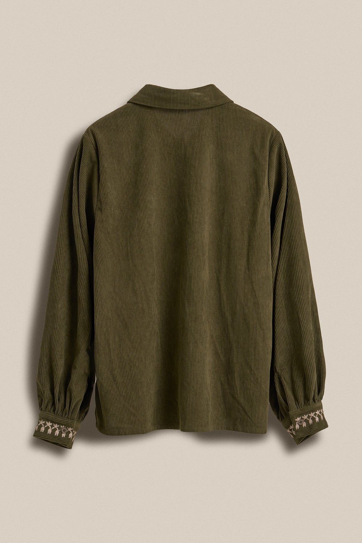 Embroidered Corduroy Western Shirt with Floral Stitch in OLIVE - Women's Shirts & Blouses | Urban Daizy