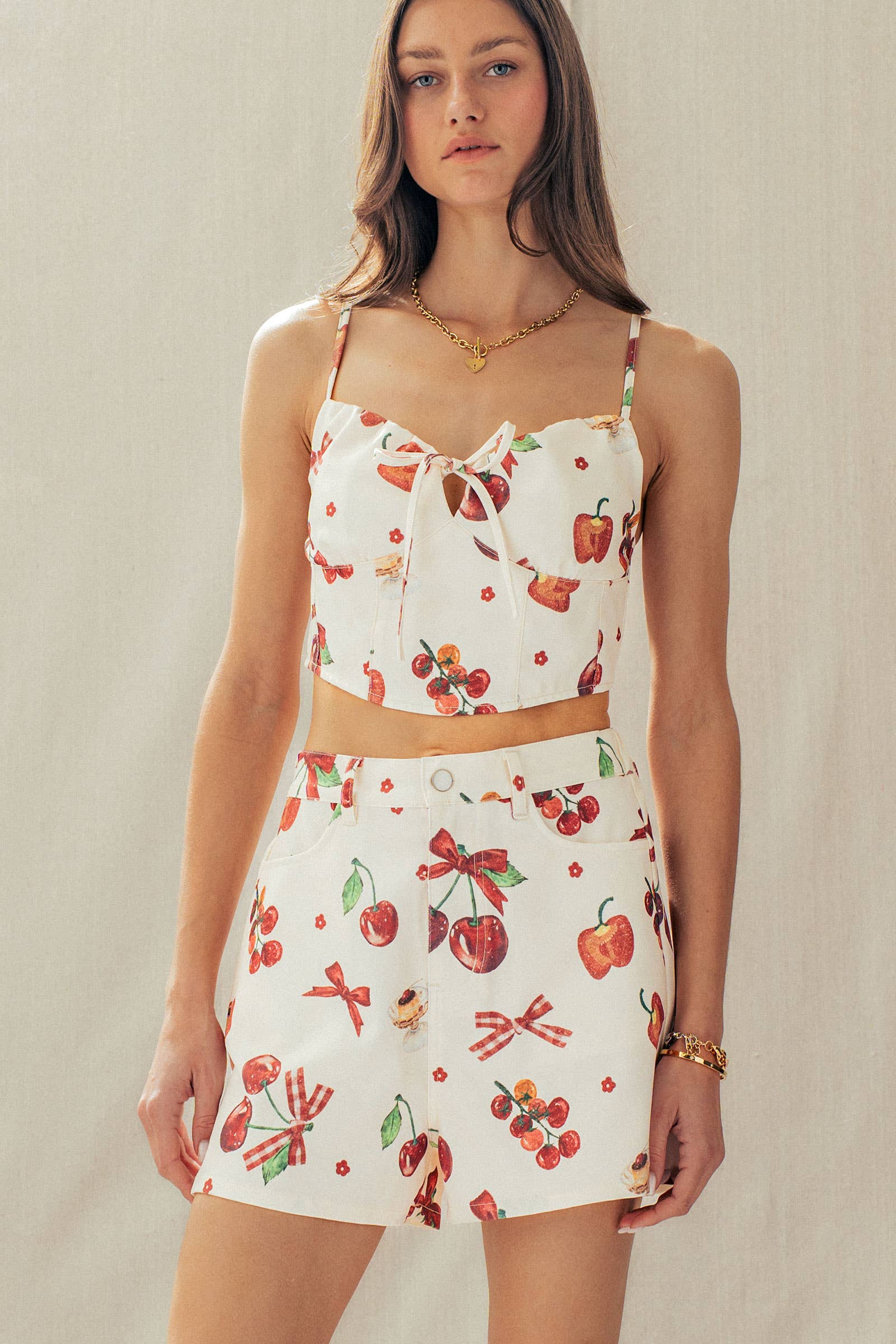 Urban Daizy Cherry & Bow Print Cotton Two-Piece Set Ivory-Multi Top & Short Set (NOT Loungewear) - Women's (UDZ-AC-00237) – alternate view 3