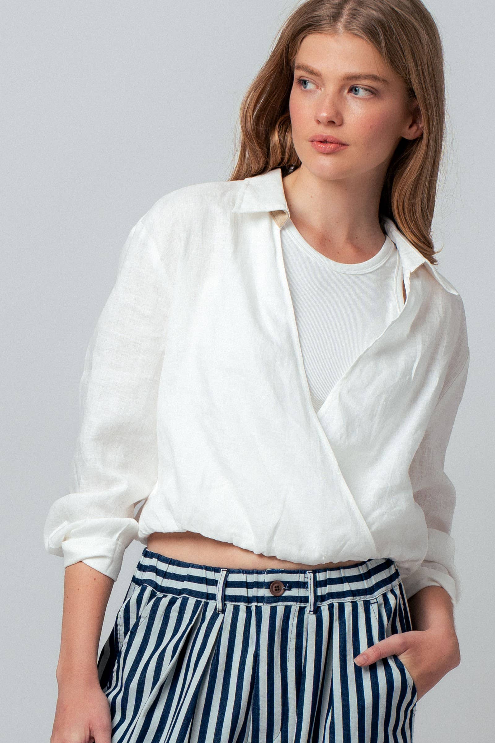 Collared Linen Wrap Crop Top