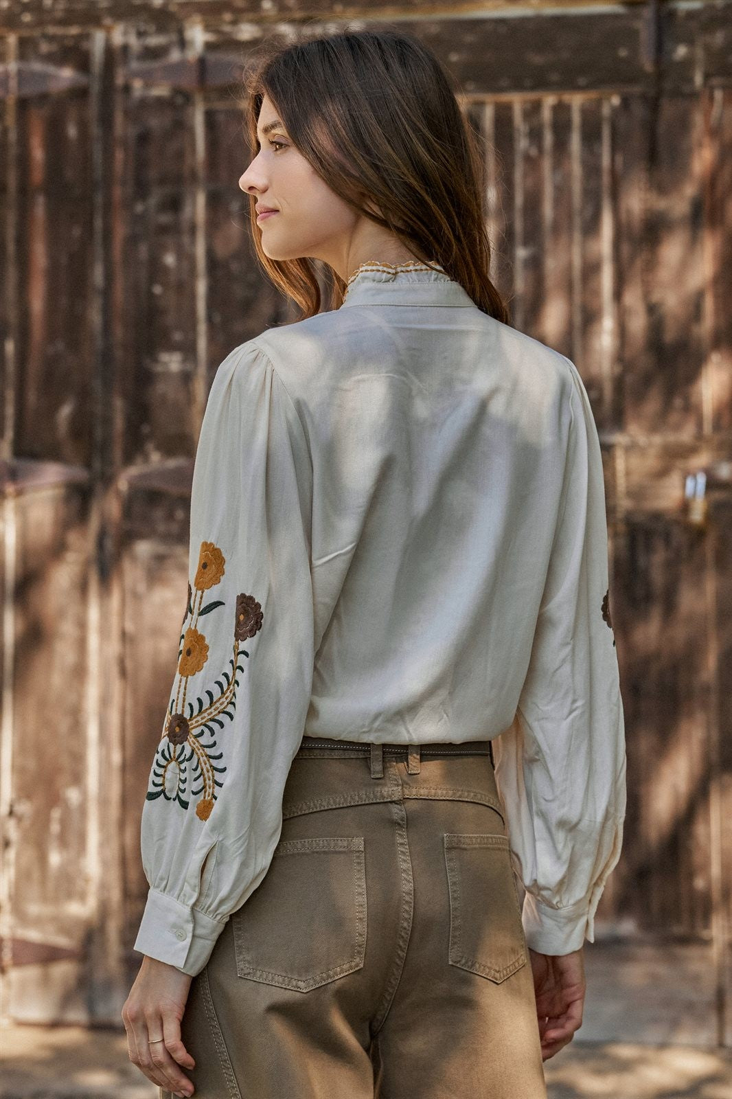Embroidered Ruffle Neck Blouse in Western Folk Style in IVORY - Women's Shirts & Blouses | Urban Daizy
