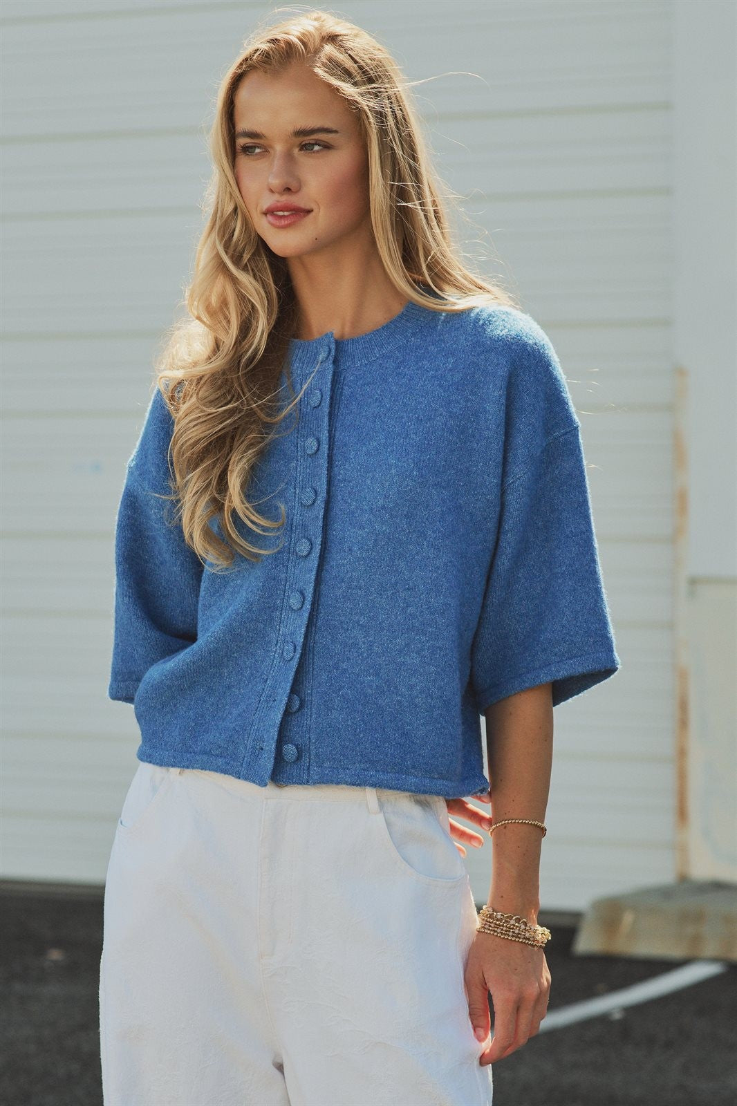 Cropped Knit Button-Front Cardigan Dropped Shoulder