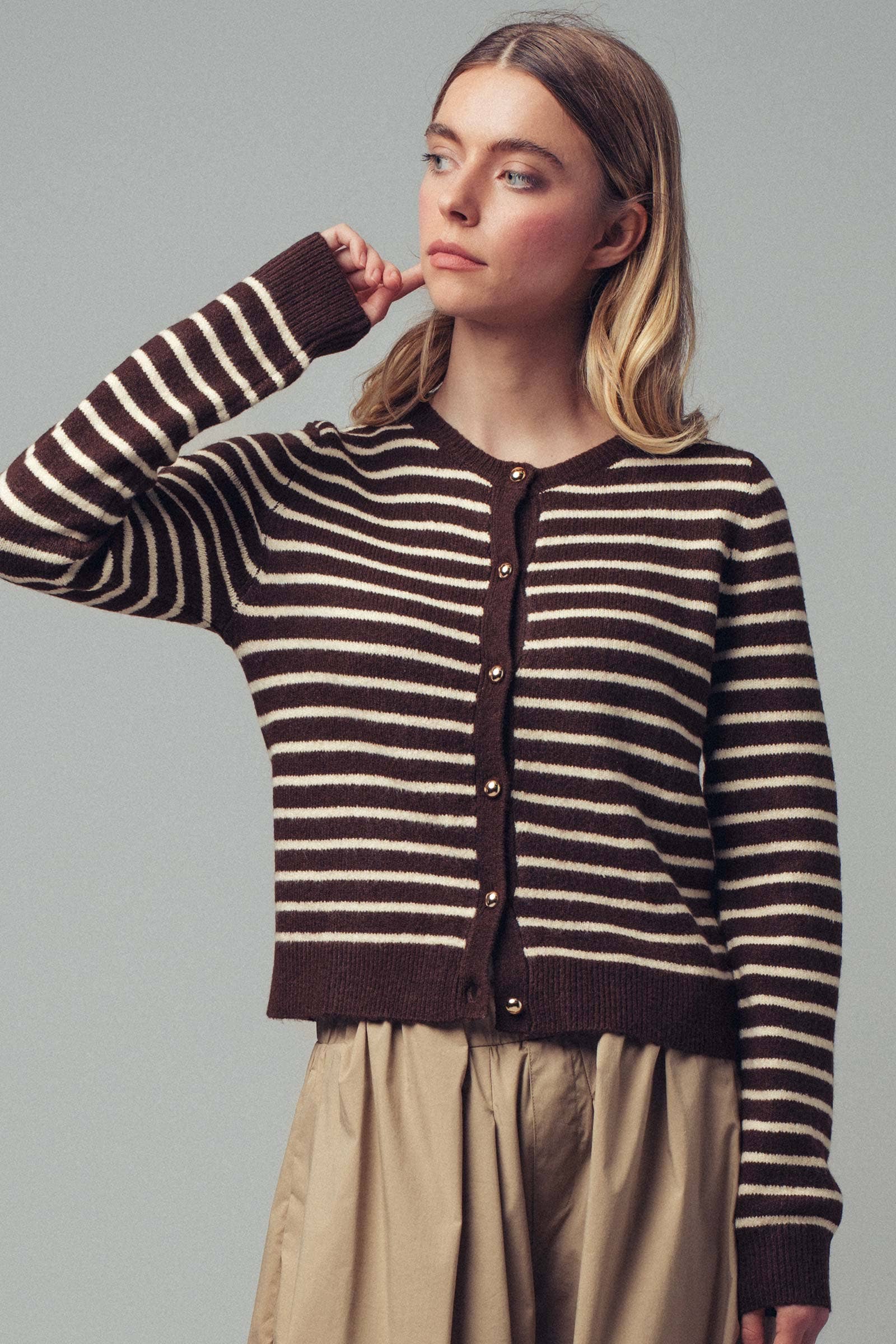 Urban Daizy Parisian Striped Gold Button Cardigan Khaki Cardigan - Women's (UDZ-KN-00656) – alternate view 14
