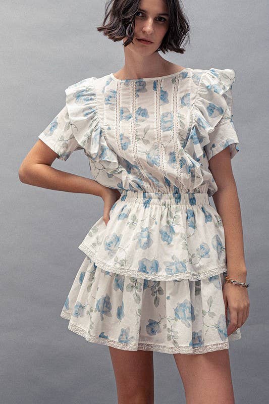 White Blue Floral Ruffle Sleeve Tiered Mini Dress