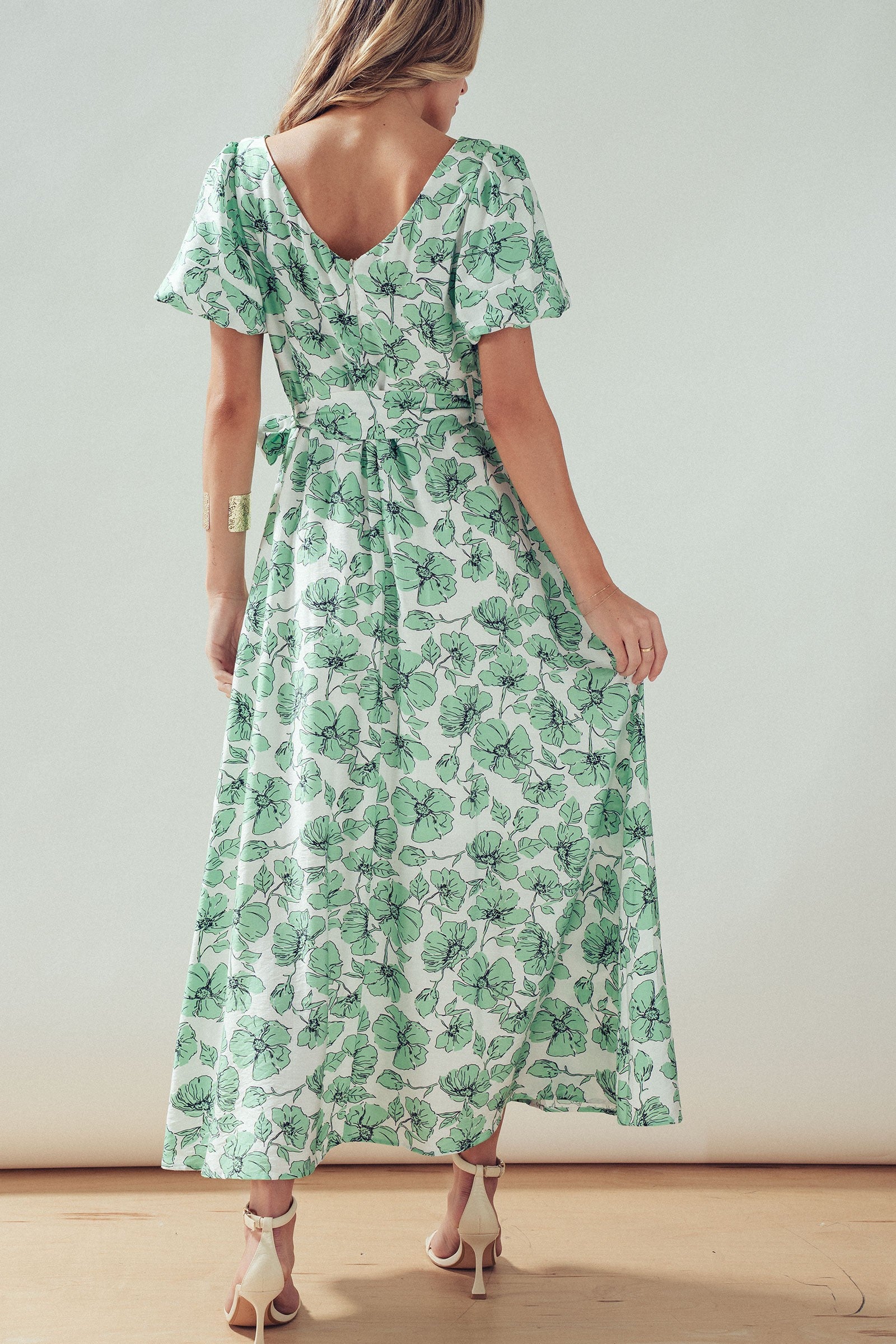 Green Floral Puff Sleeve Midi Dress