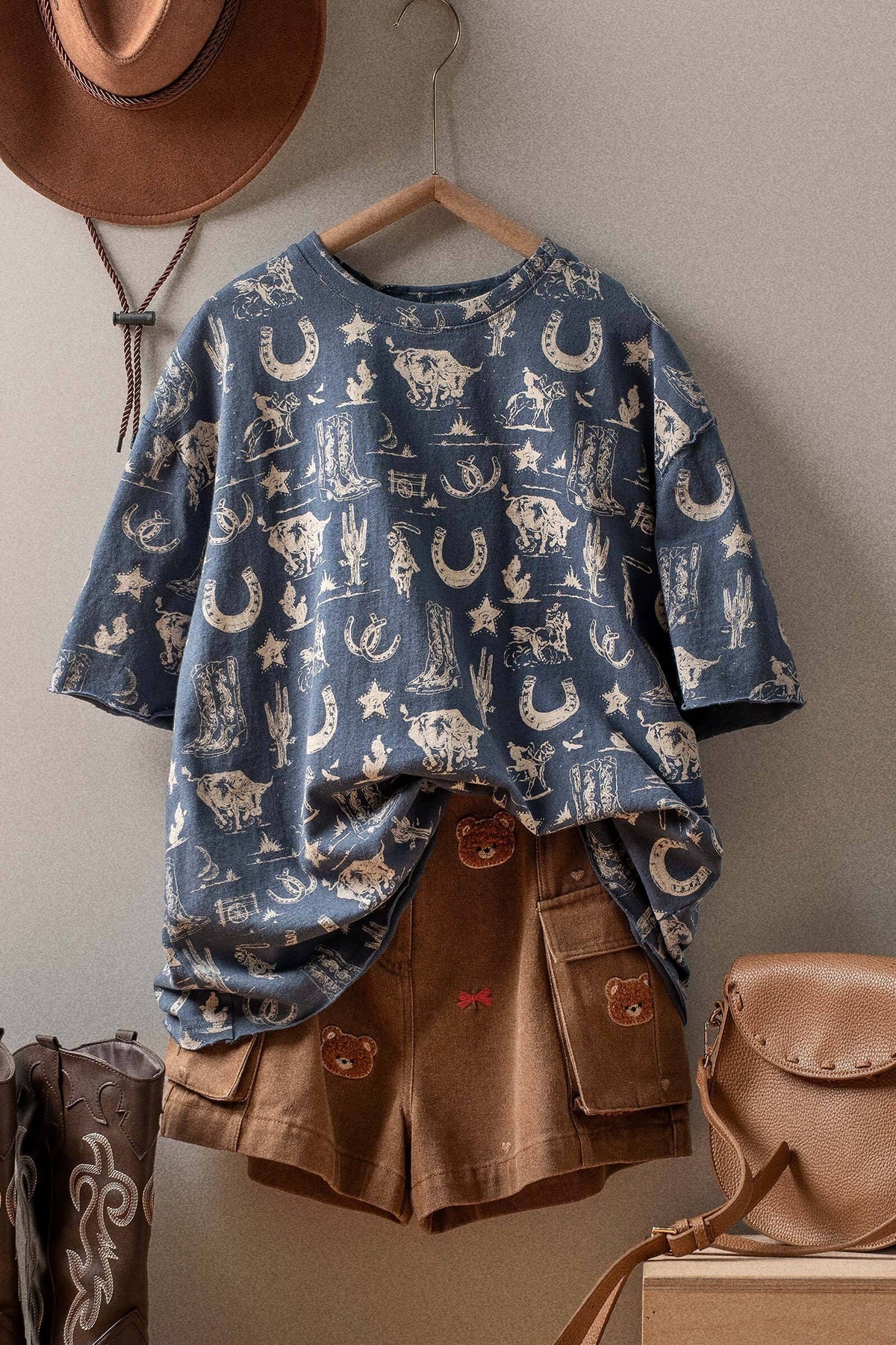 Rodeo Charm Print Oversized Tee in BLUE - Women's Graphic T-shirts | Urban Daizy