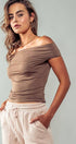 Urban Daizy Bare Bond Off the Shoulder Top - Ruched Sleeve Mocha Knit Top - Women's (UDZ-TP-00495) – alternate view 9