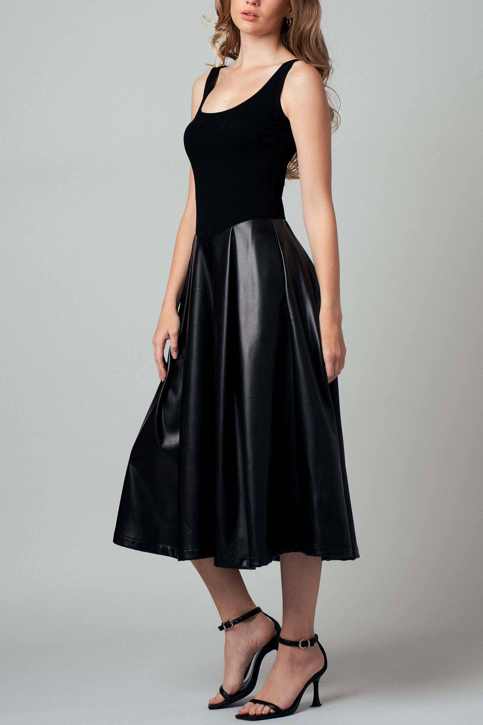 Faux Leather Contrast A-Line Midi Dress