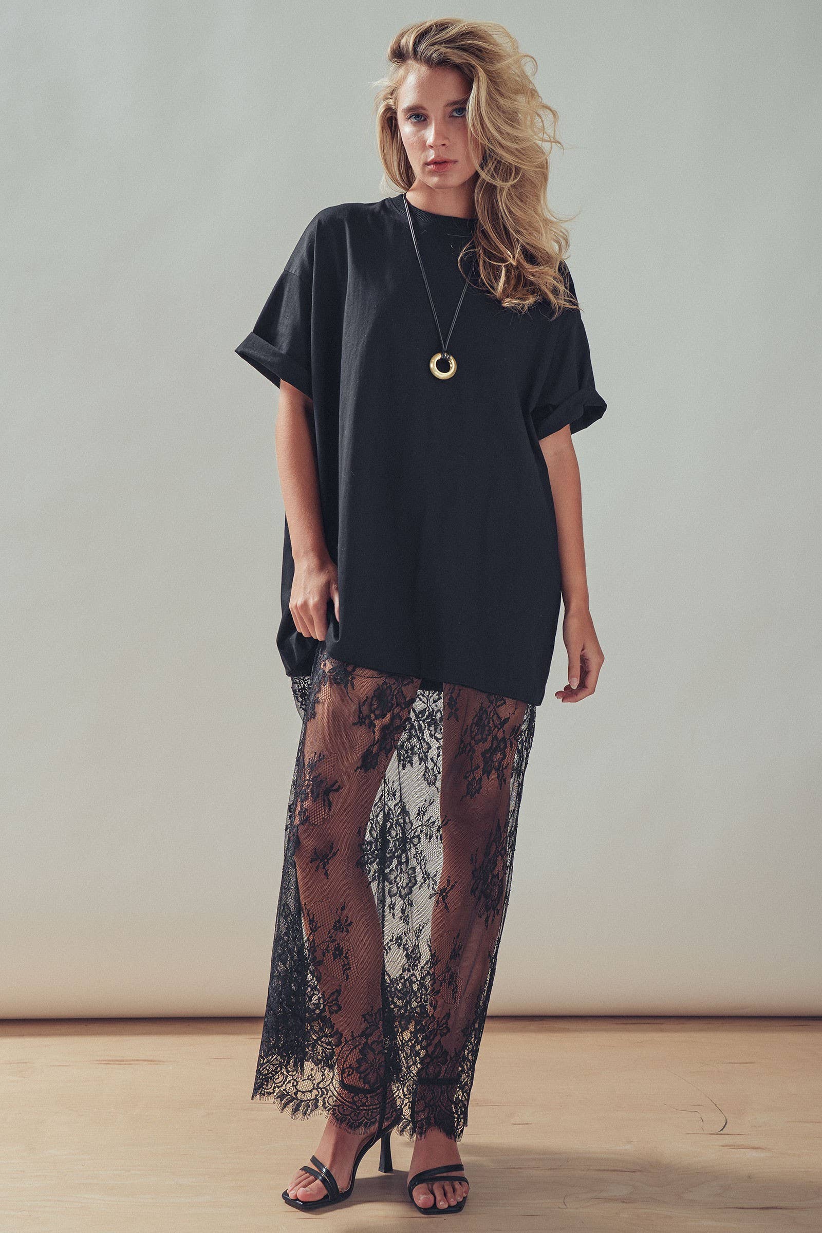 Mixed-Media T-Shirt Dress with Sheer Lace Skirt