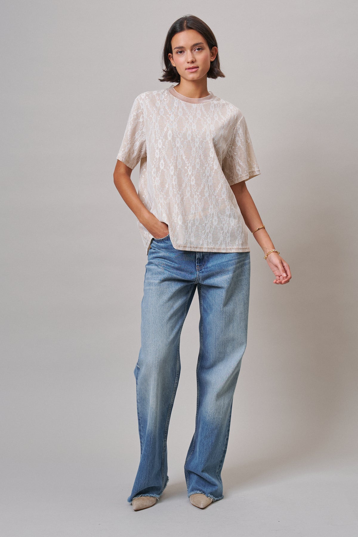 Floral Lace Overlay Boxy Tee with Mesh Neckline