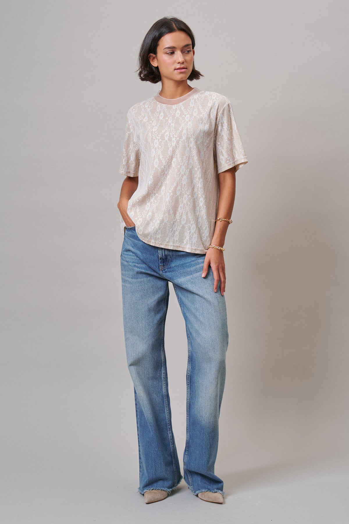 Floral Lace Overlay Boxy Tee with Mesh Neckline